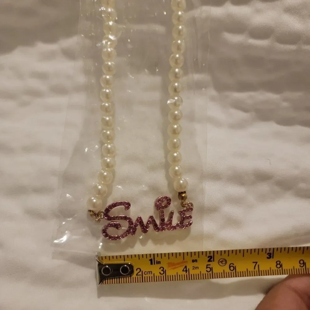 Womens Pink Smile Pendant White Pearl Necklace
